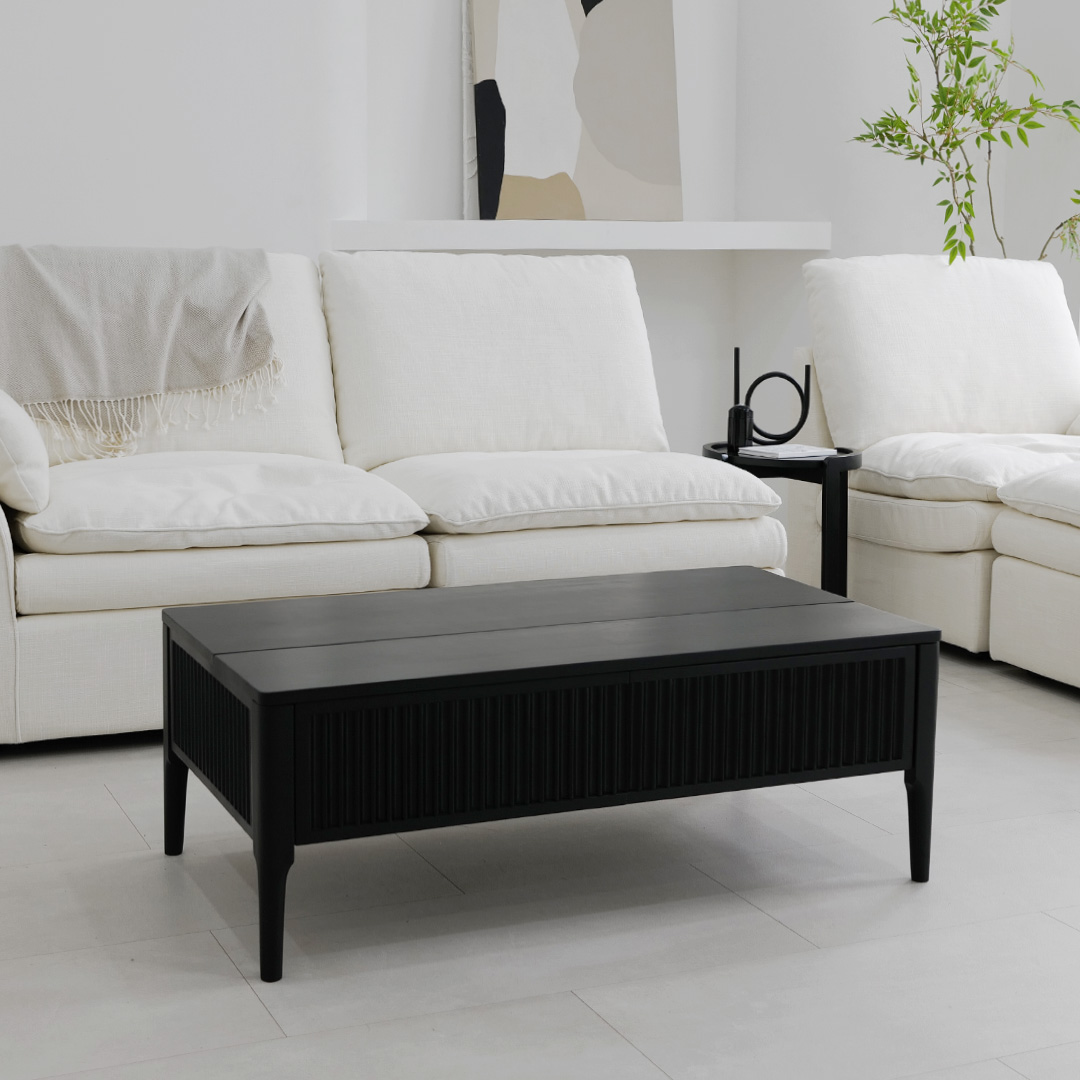 자야캠핑 포르보 직사각 원목 블랙 서랍형 리프트업 거실 소파 테이블