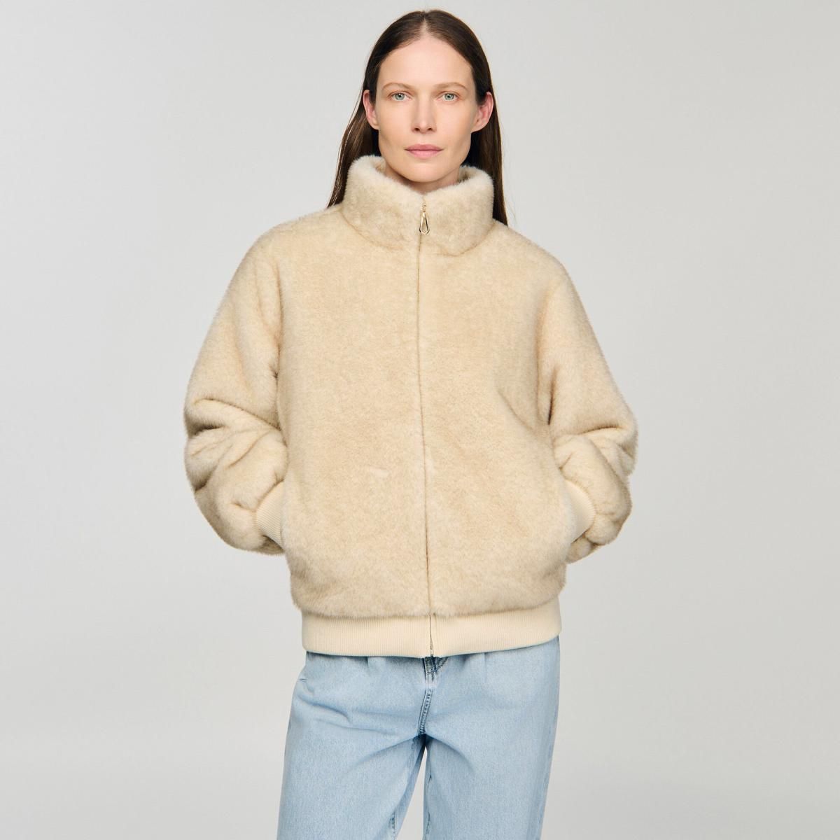 산드로 페이크퍼 하이넥 집업 재킷 SFPOU00578_16 BEIGE - 상세 이미지 5