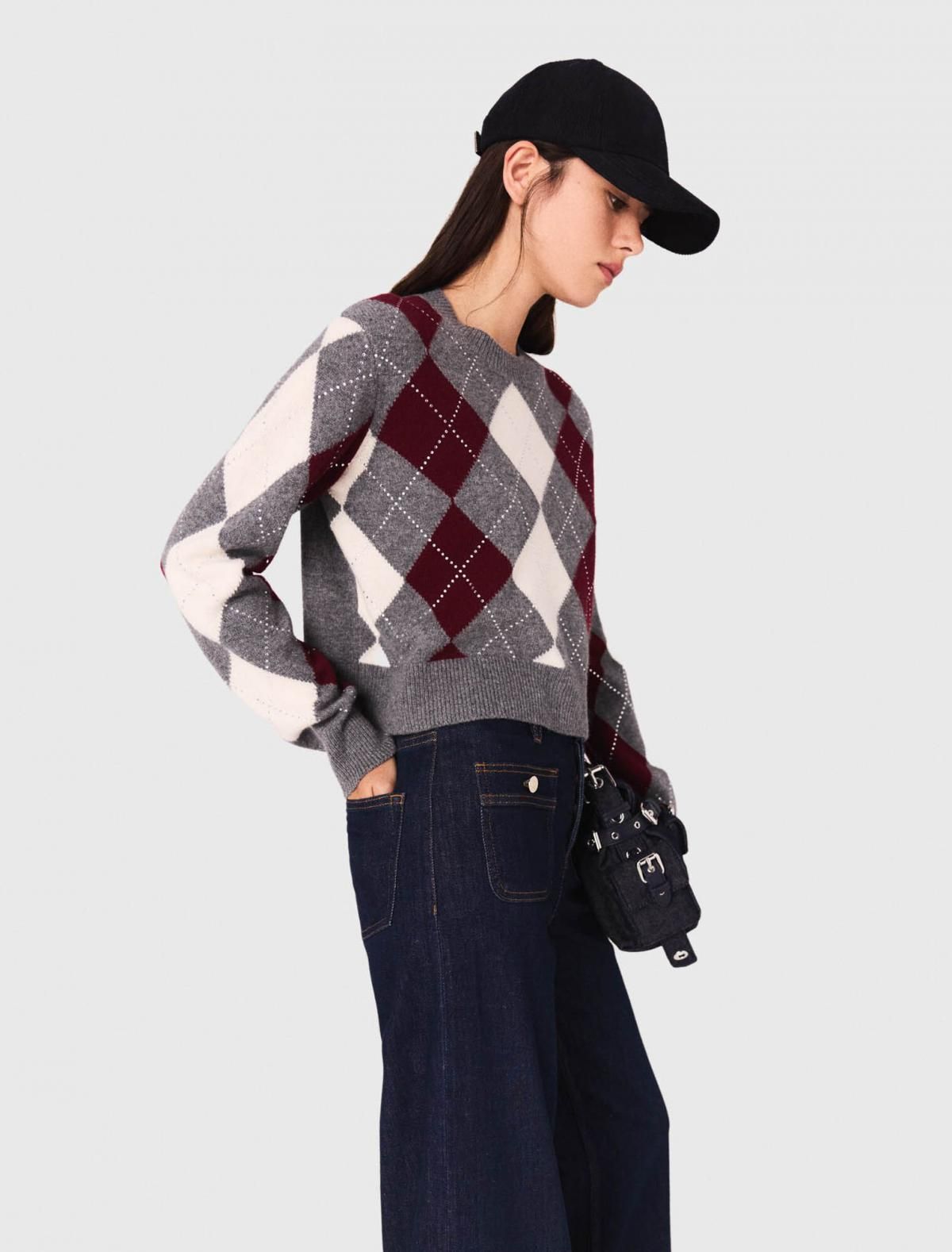 마쥬 아가일 라운드넥 크롭 니트 스웨터 3661601977091 GRIS / BORDEAUX / ECRU - 상세 이미지 3