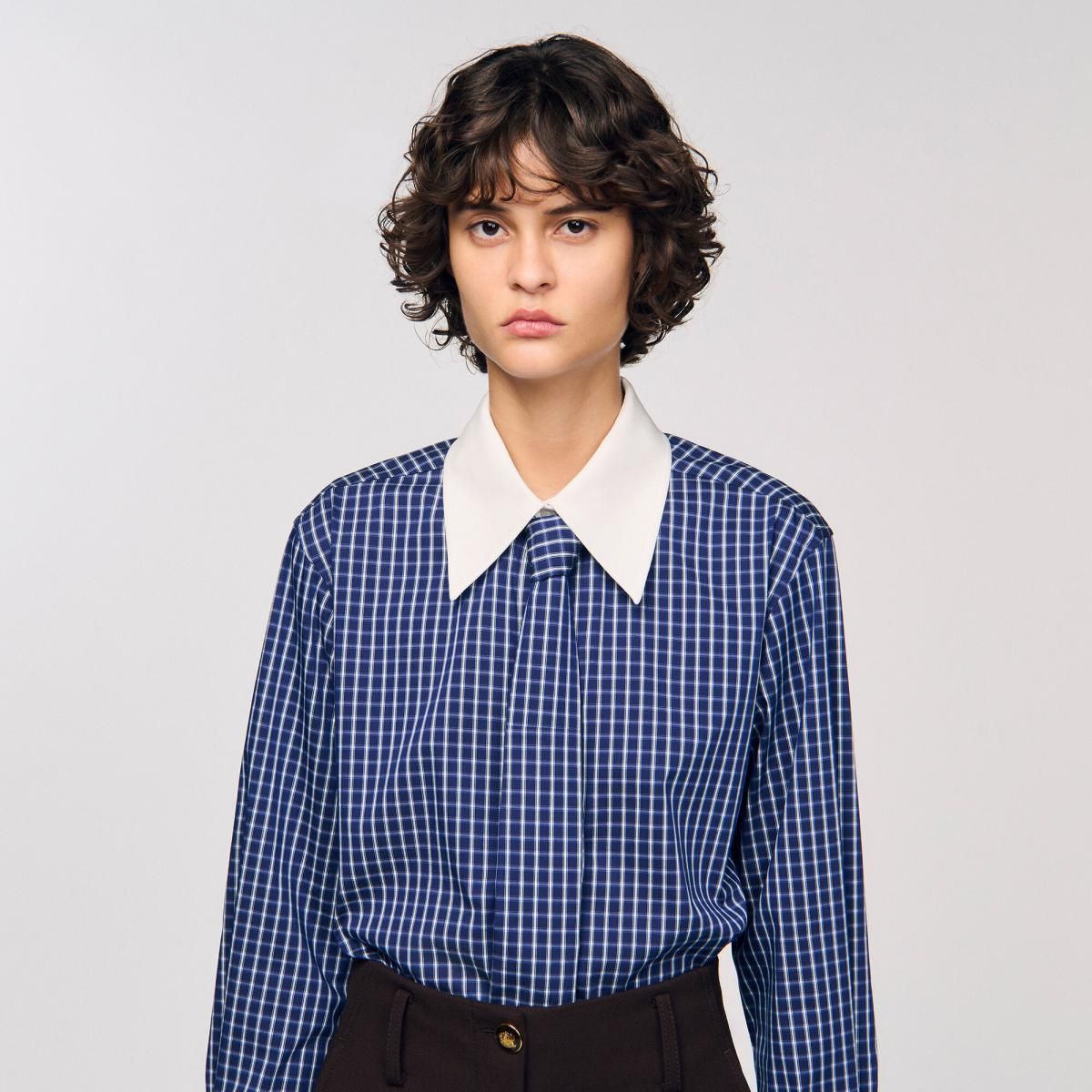 산드로 클래식 체크 긴팔 셔츠 탈부착 넥타이 SFPCM01514_420 BLAU/SCHWARZ - 상세 이미지 5