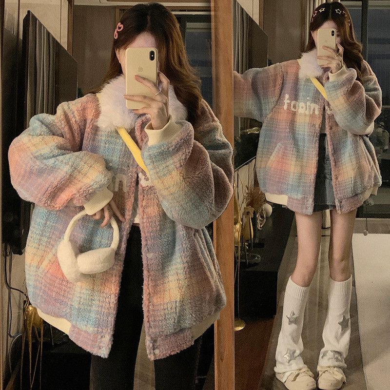 여성 빅사이즈 파스텔 멀티컬러 배색 뽀글이 플리스 양털 자켓 루즈핏 아우터 가을 겨울 점퍼 - 메인 이미지