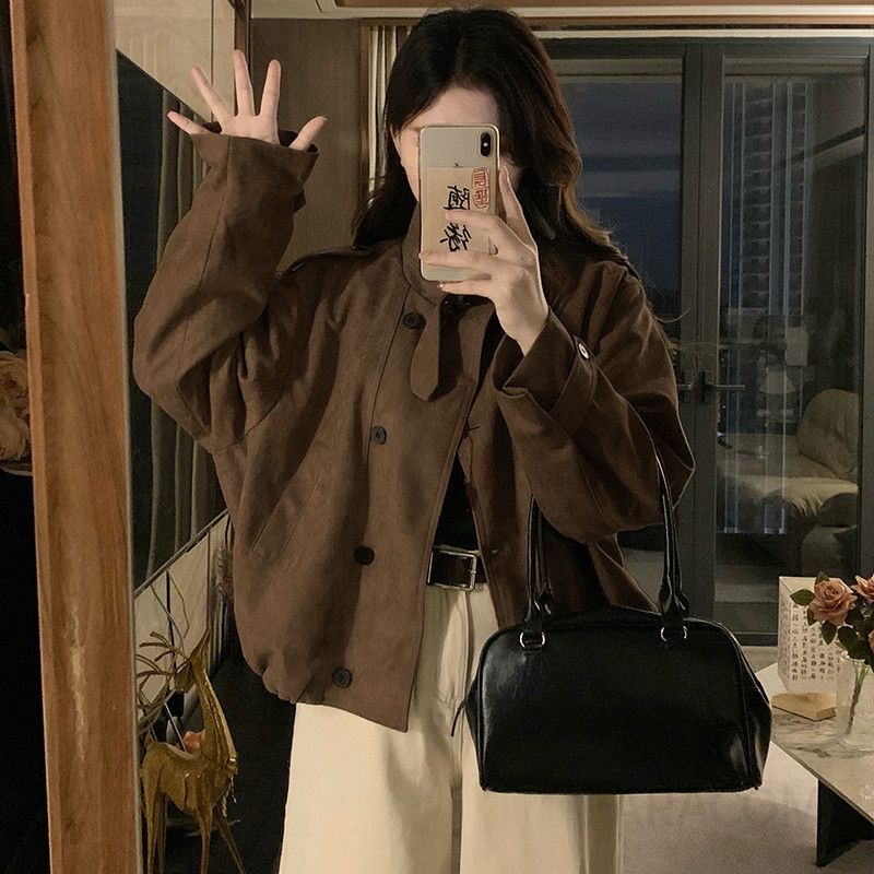 여성 루즈핏 부드러운 카라 크롭 숏 자켓 버튼업 점퍼 빅사이즈 간절기 아우터 데일리룩 하객룩 오피스룩 봄 가을 - 상세 이미지 4