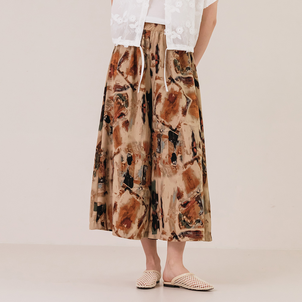 드로잉 프린트 밴딩 와이드 팬츠 - 상품 이미지