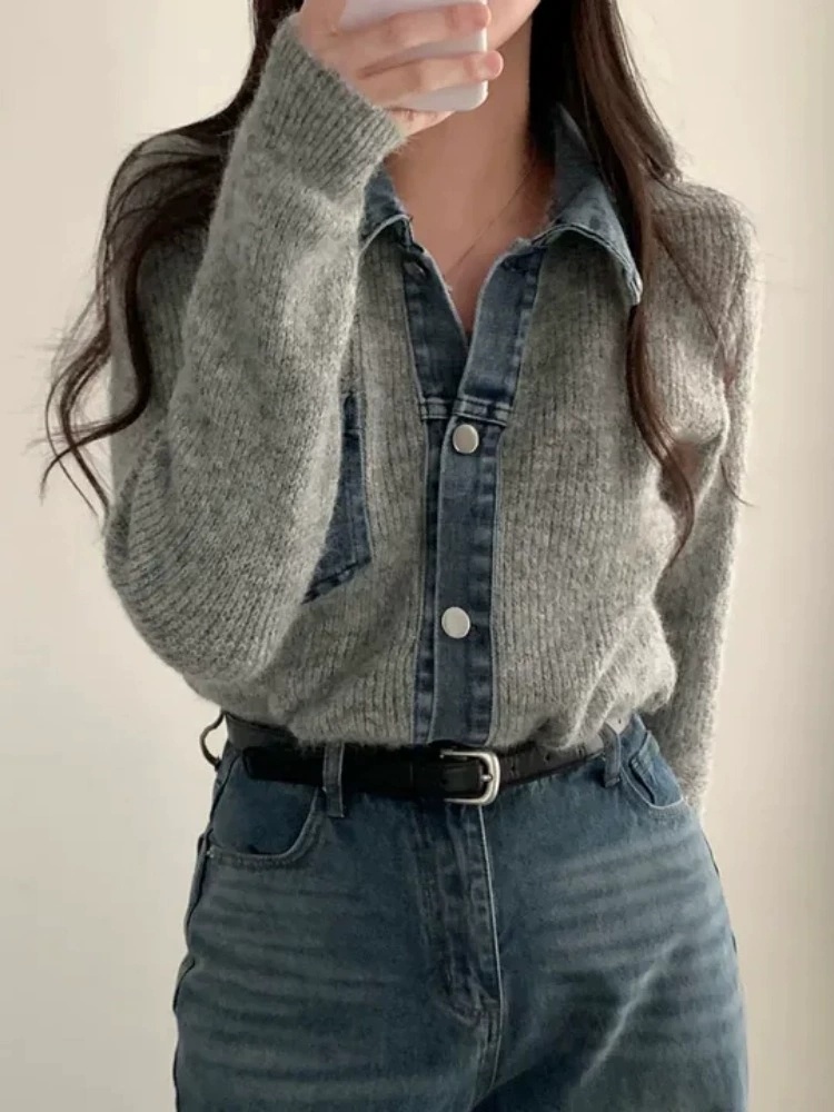 청카라 배색 골지니트가디건 가을겨울 여성데일리 꾸안꾸룩 간절기청포켓니트자켓 - 상세 이미지 5