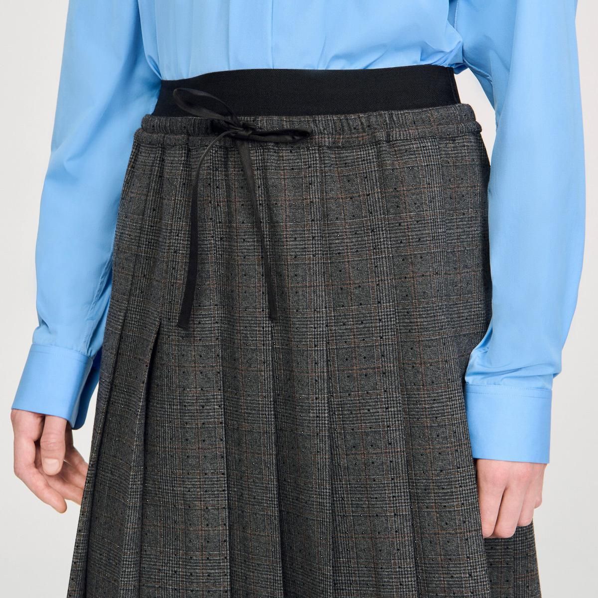 산드로 플리츠 체크 스트라스 롱 스커트 SFPJU01490_B315 GRIS / MARRON - 상세 이미지 4
