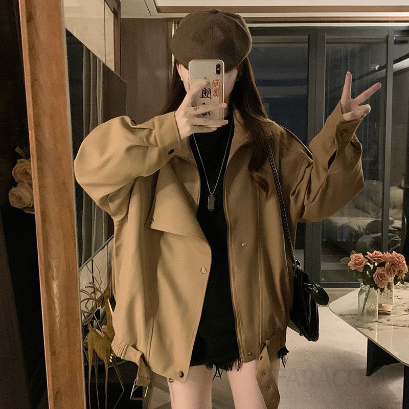 여성 빅사이즈 오버핏 루즈핏 숏 트렌치자켓 점퍼 벨티드 카라 바람막이 간절기 아우터 데일리룩 봄 가을 코디 - 상세 이미지 3