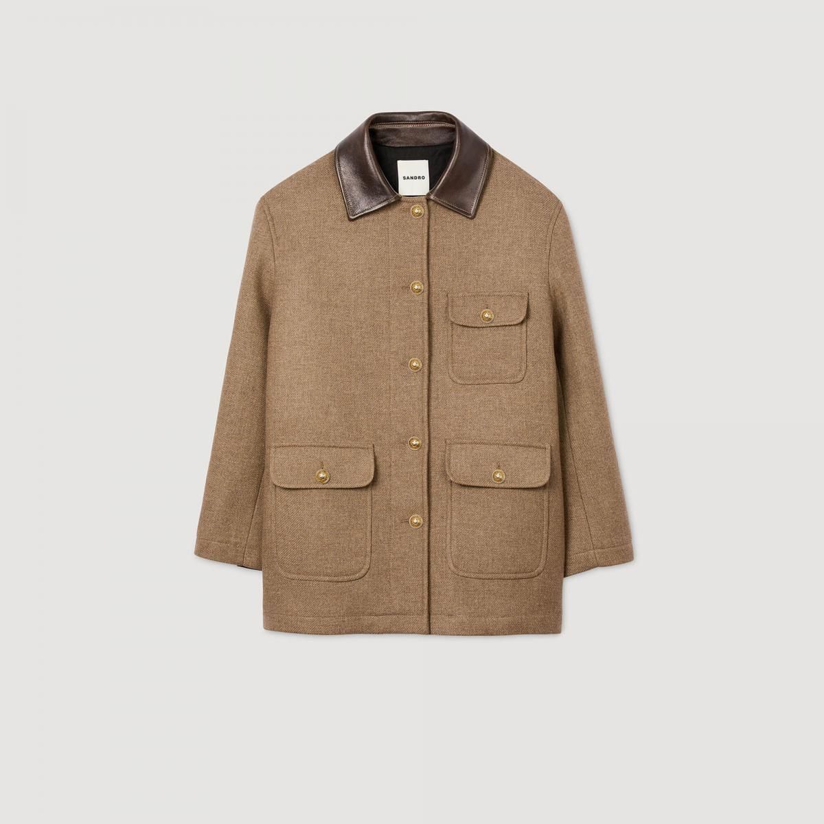 산드로 클래식 트위드 레더카라 골드버튼 코트 SFPOU00699_72 TAUPE - 메인 이미지