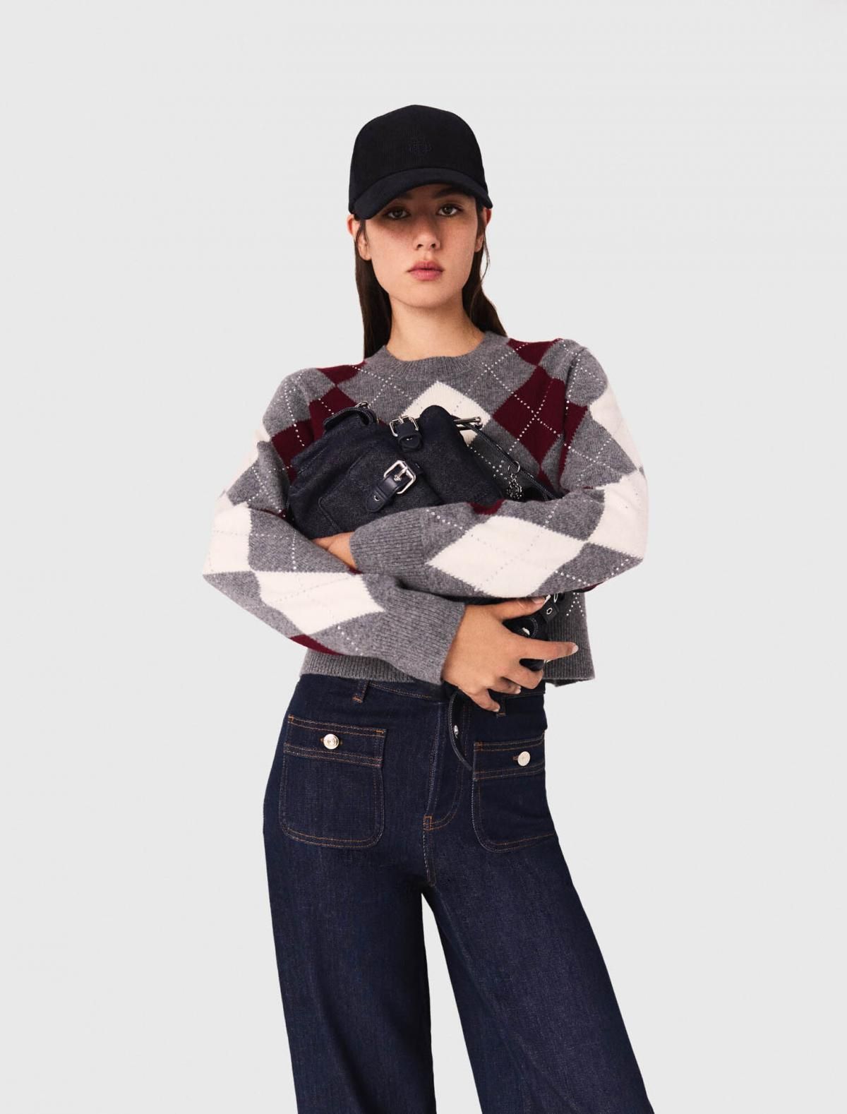 마쥬 아가일 라운드넥 크롭 니트 스웨터 3661601977091 GRIS / BORDEAUX / ECRU - 상세 이미지 5