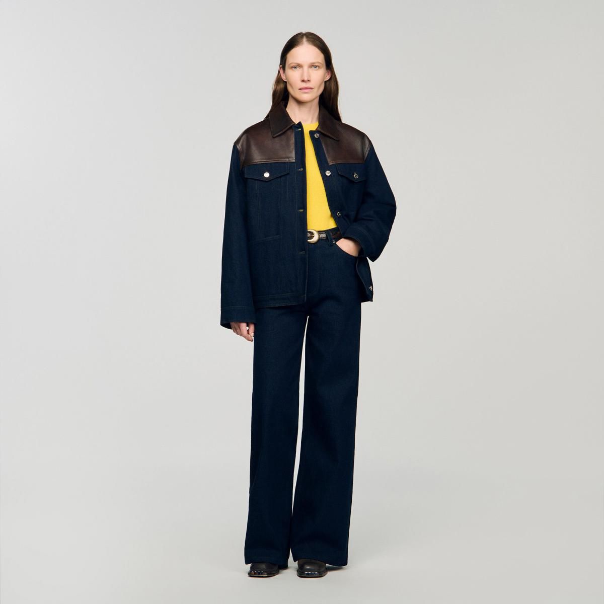 산드로 테크니컬 데님 레더 믹스 블루종 재킷 SFPBL01255_4785 JEANSBLAU - 상세 이미지 2