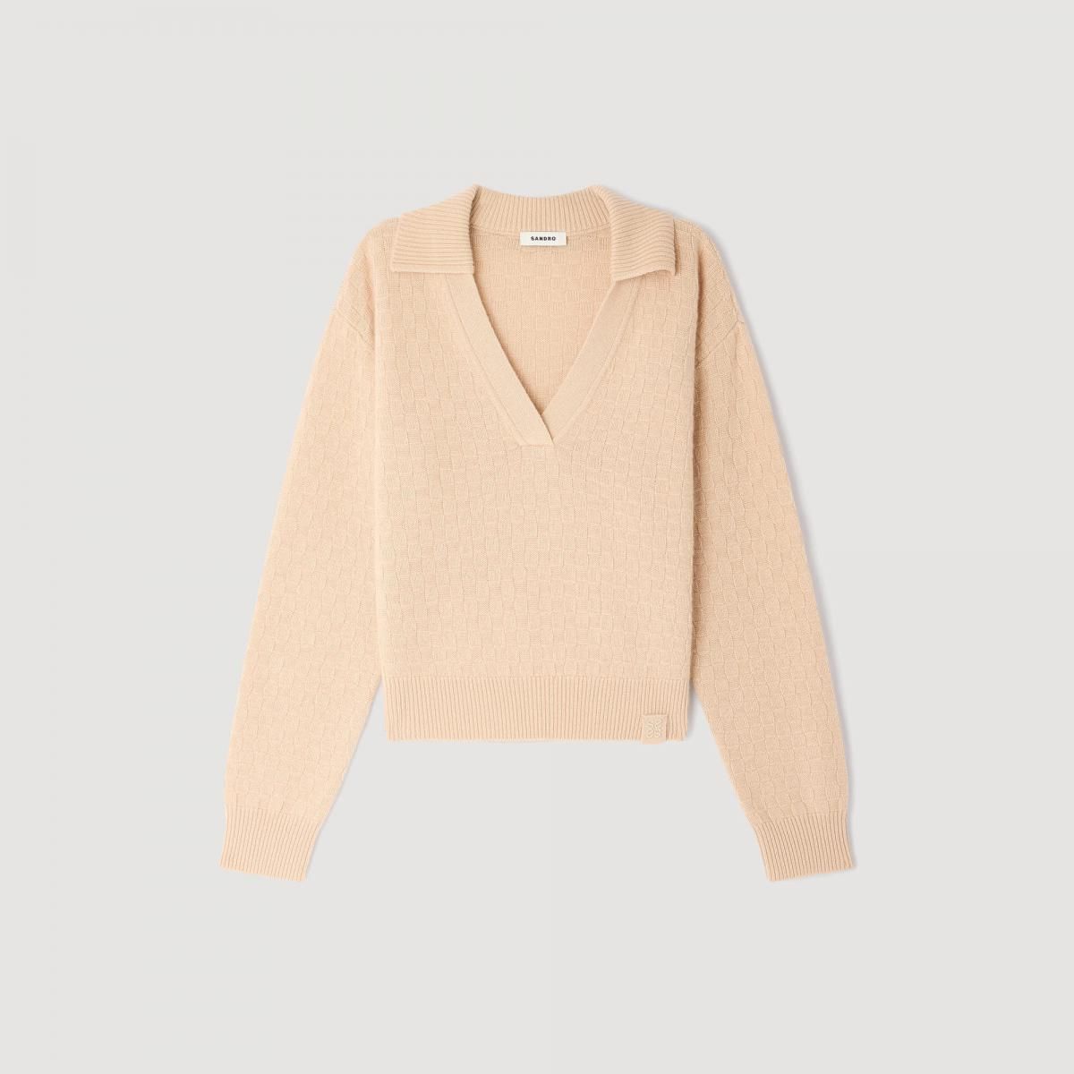산드로 베이직 브이넥 폴로카라 니트 스웨터 아이보리 SFPPU02690_16 BEIGE - 상품 이미지