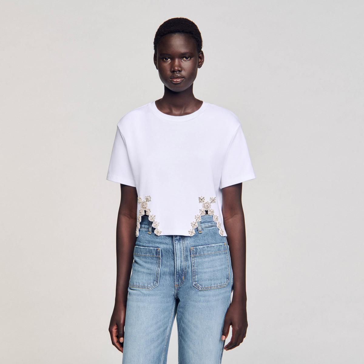 산드로 크리스탈 플라워 크롭 반팔 티셔츠 SFPTS01447_10 WEISS - 상세 이미지 5