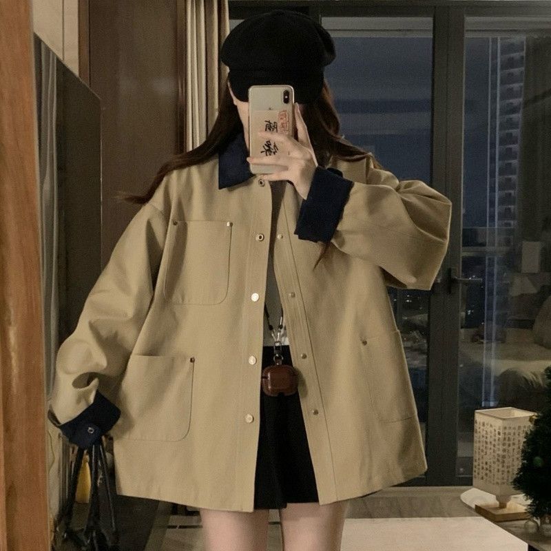 여성 빅사이즈 간절기 루즈핏 오버핏 베이직 카라 자켓 점퍼 아우터 하객룩 오피스룩 데일리 봄 가을 코트 - 상세 이미지 3