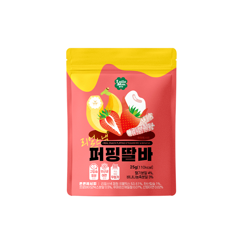 룰루맘 리얼스낵 퍼핑딸바(리뉴얼) 1봉(25g) 딸기 바나나 고칼슘 아기과자 - 상품 이미지