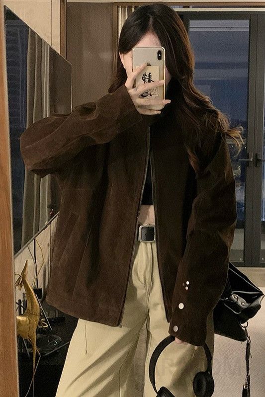 여성 빅사이즈 스웨이드 레더 루즈핏 오버핏 스탠드넥 버튼소매 집업 캐주얼 점퍼 자켓 간절기 데일리 아우터 가을 겨울 이미지 6