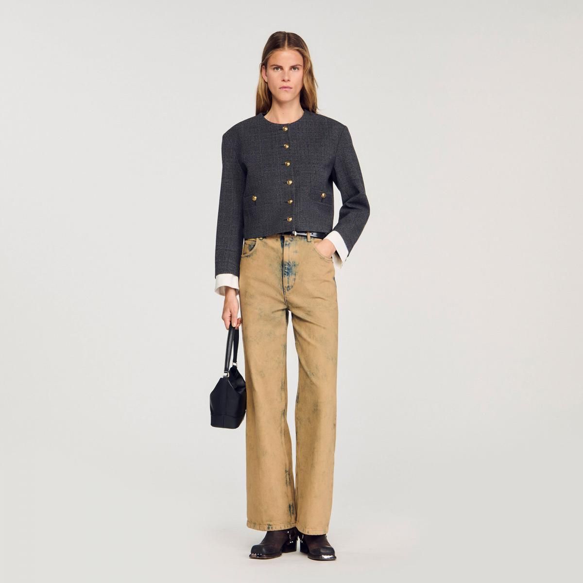 산드로 스트라스 장식 체크 라운드넥 트위드 크롭 테일러드 재킷 SFPVE01201_B315 GRIS / MARRON - 상세 이미지 2