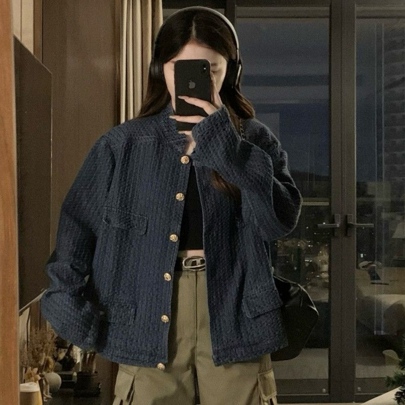 여성 빅사이즈 노카라 데님 텍스처 자켓 오버핏 루즈핏 가을 아우터 간절기 캐주얼 데일리 캠퍼스룩 블루종 점퍼 - 상세 이미지 3
