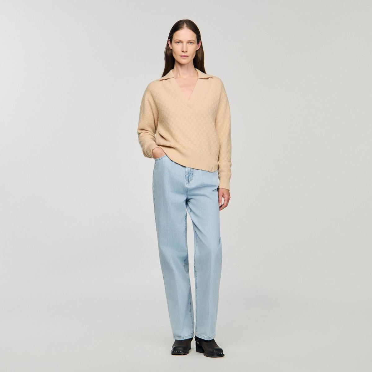 산드로 베이직 브이넥 폴로카라 니트 스웨터 아이보리 SFPPU02690_16 BEIGE - 상세 이미지 2