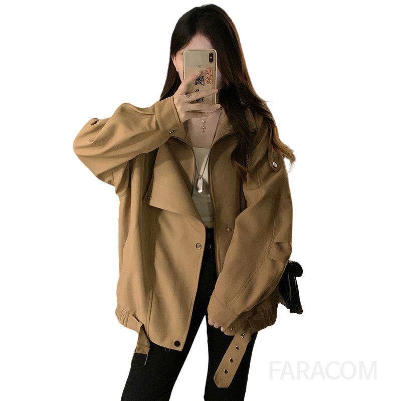여성 빅사이즈 오버핏 루즈핏 숏 트렌치자켓 점퍼 벨티드 카라 바람막이 간절기 아우터 데일리룩 봄 가을 코디 - 상세 이미지 5