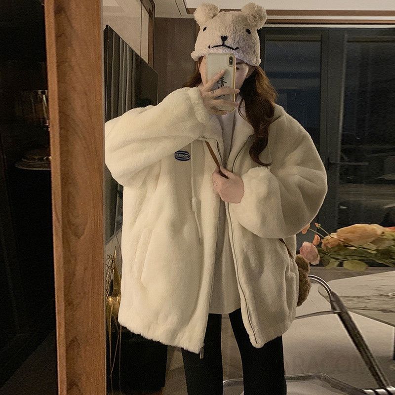 여성 빅사이즈 포근한 뽀글이 양털 덤블 루즈핏 스탠드넥 집업 자켓 점퍼 아우터 겨울 - 상세 이미지 2