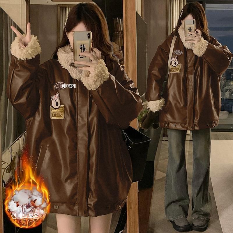 여성 빅사이즈 루즈핏 오버핏 겨울 따뜻한 양털 카라 인조가죽 패딩 숏 점퍼 항공점퍼 캐주얼 아우터 - 상세 이미지 3