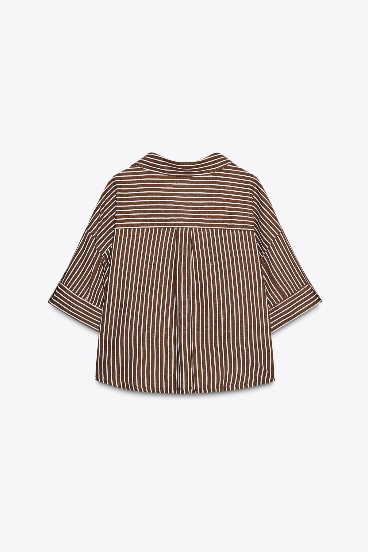 자라 스트라이프 린넨 크롭 반팔 셔츠 2187/813 BROWN / ECRU 이미지 8
