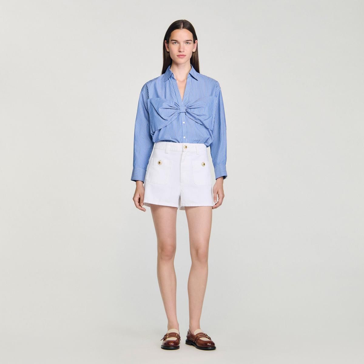 산드로 스트라이프 오버사이즈 리본 셔츠 블라우스 SFPCM01457_D251 BLAU / WEISS - 상세 이미지 2