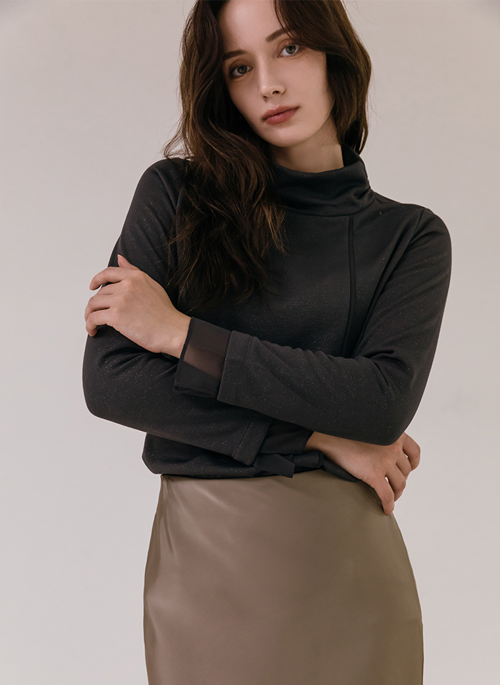 88까지 시스루 소매포인트 반폴라 기모 티셔츠 - 상세 이미지 2