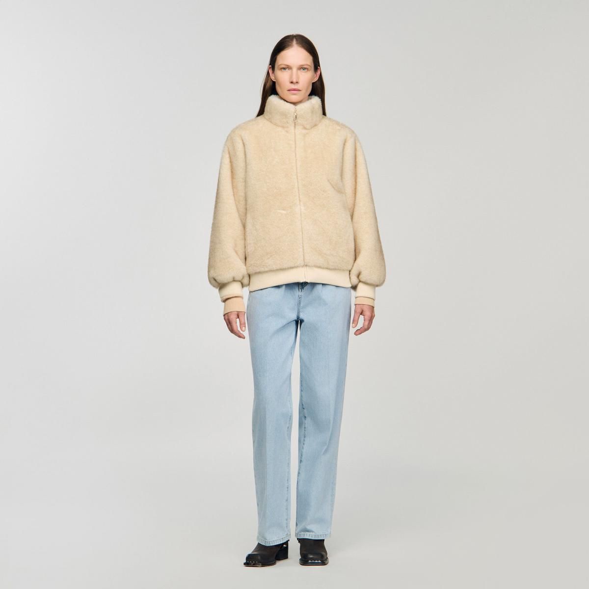 산드로 페이크퍼 하이넥 집업 재킷 SFPOU00578_16 BEIGE - 상세 이미지 3