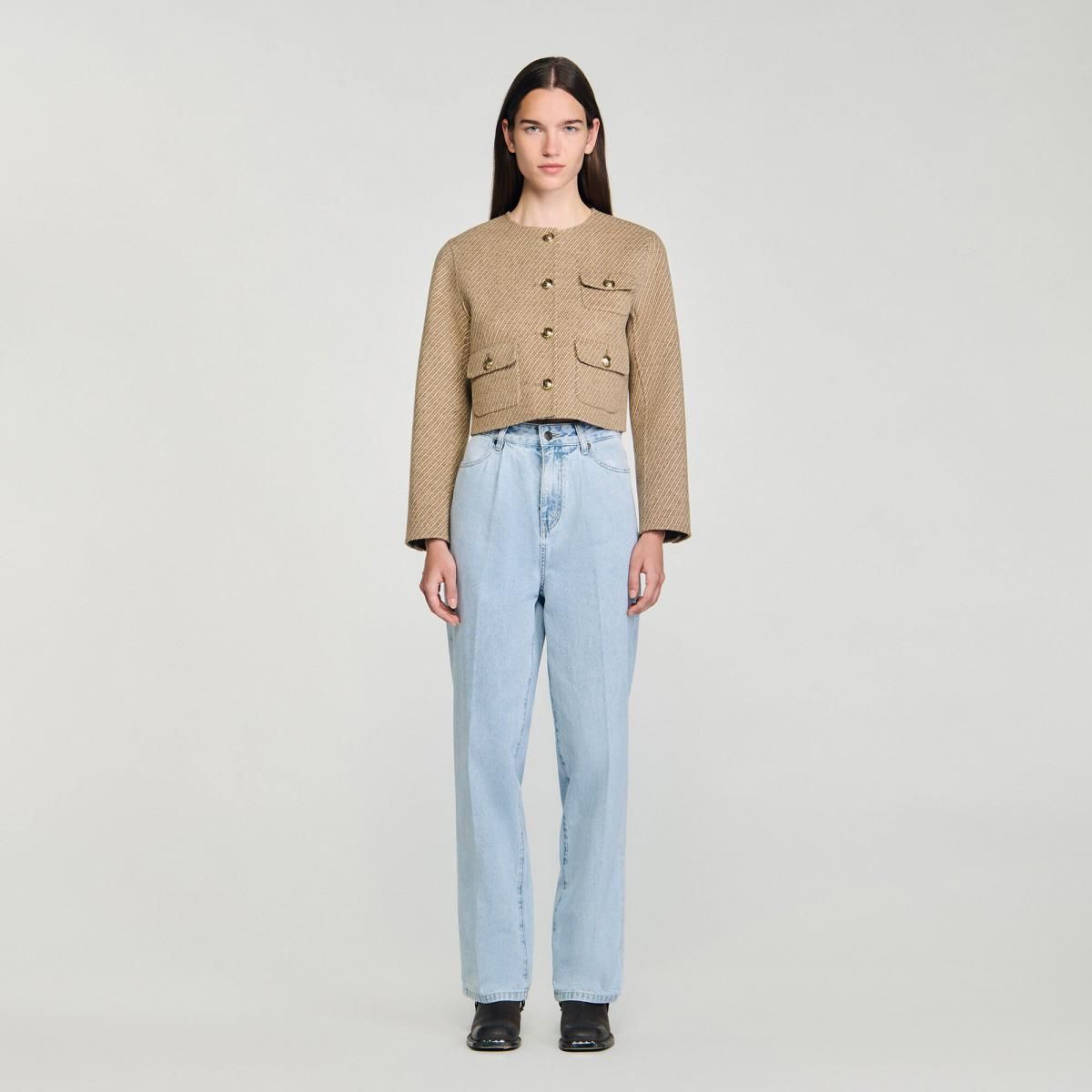 산드로 트위드 크롭 라운드넥 버튼 재킷 SFPVE01067_16 BEIGE - 상세 이미지 3