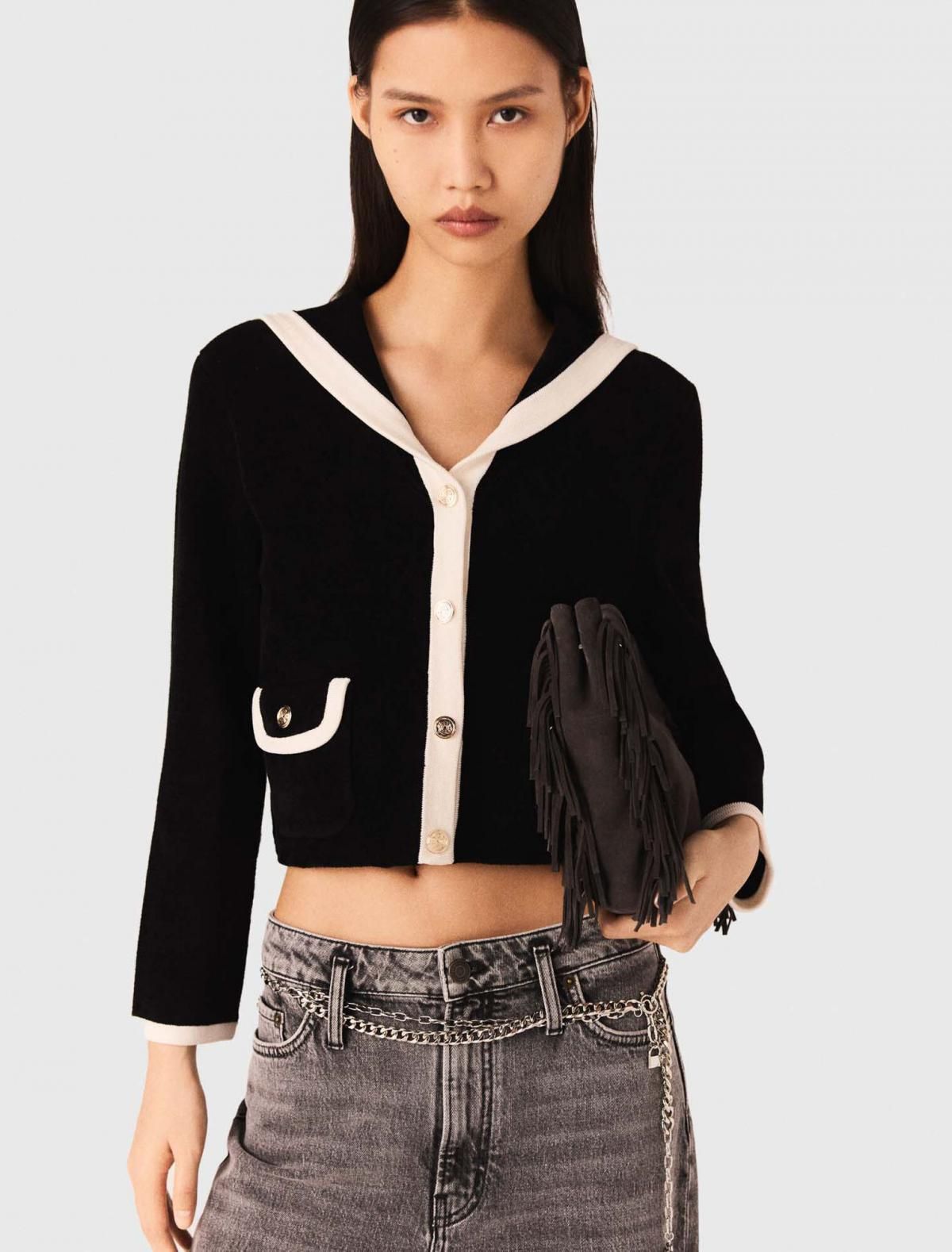 마쥬 벨벳 크롭 세일러 카라 배색 포켓 가디건 3661601976797 SCHWARZ - 상세 이미지 5