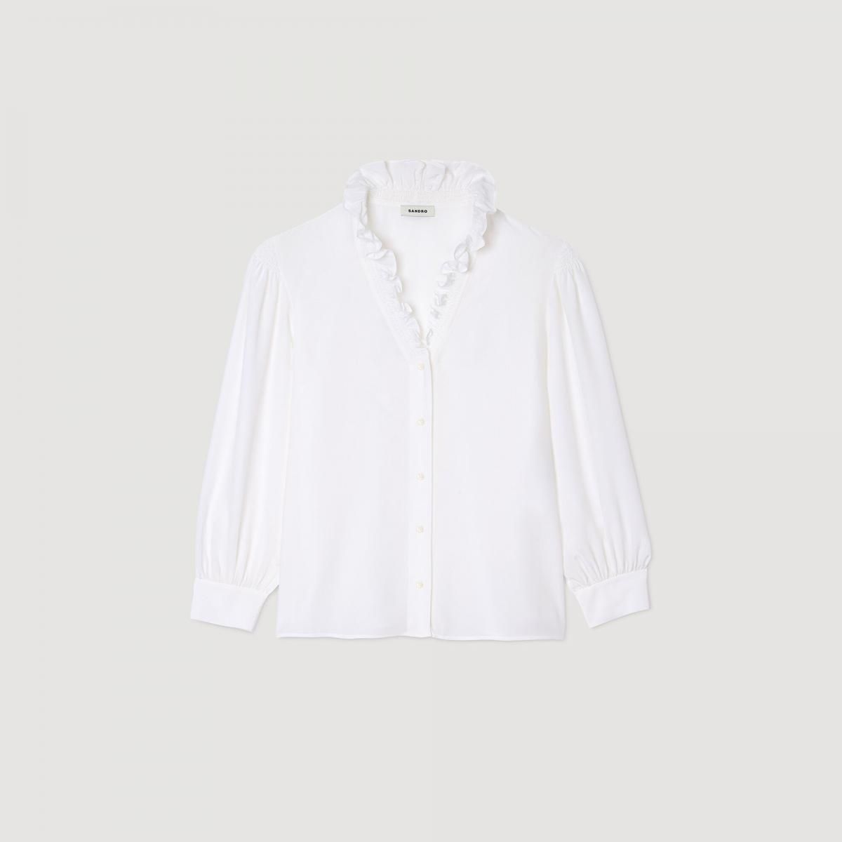 산드로 프릴카라 브이넥 실크 플루이드 긴팔 블라우스 SFPCM01233_10 WEISS - 상품 이미지