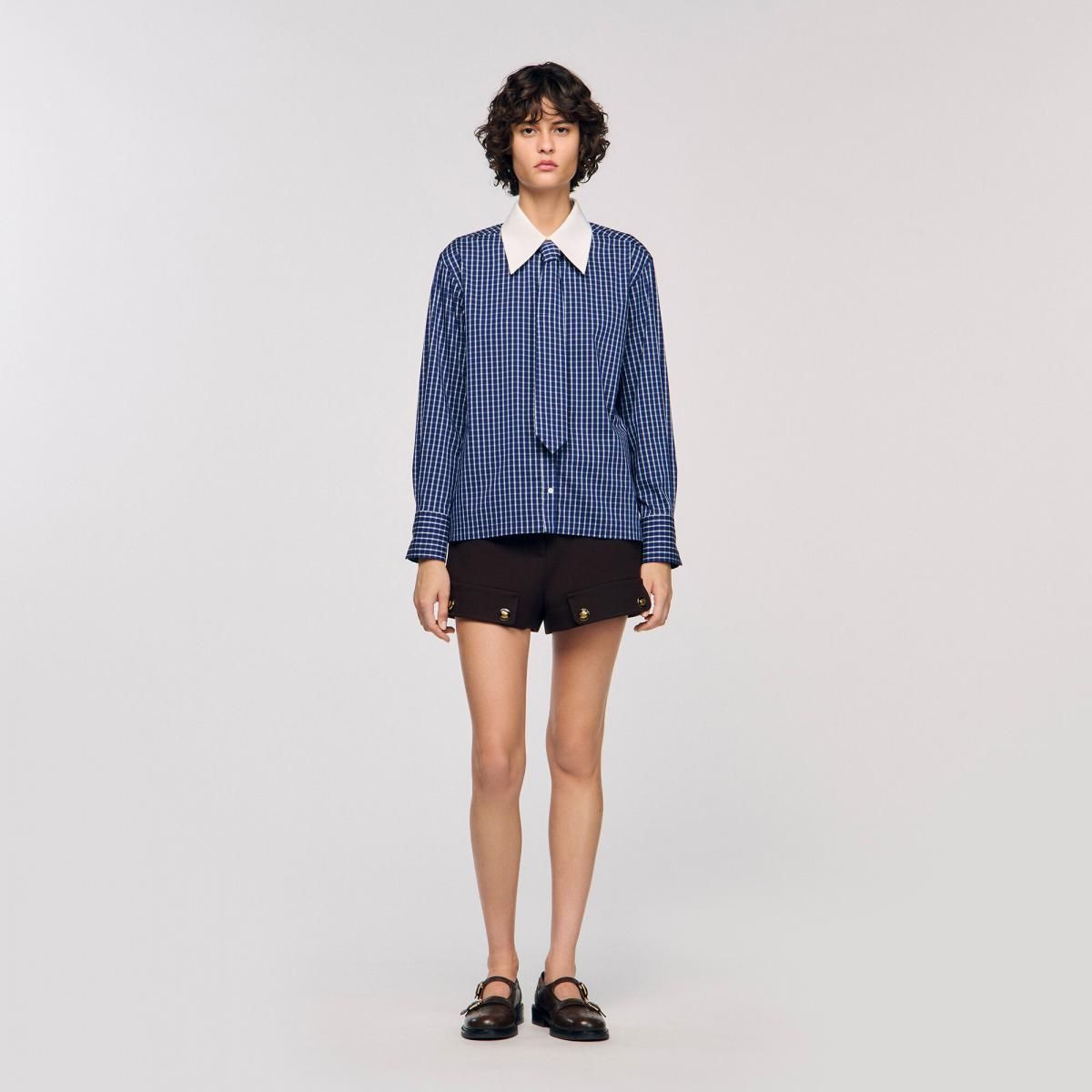 산드로 클래식 체크 긴팔 셔츠 탈부착 넥타이 SFPCM01514_420 BLAU/SCHWARZ - 상세 이미지 4