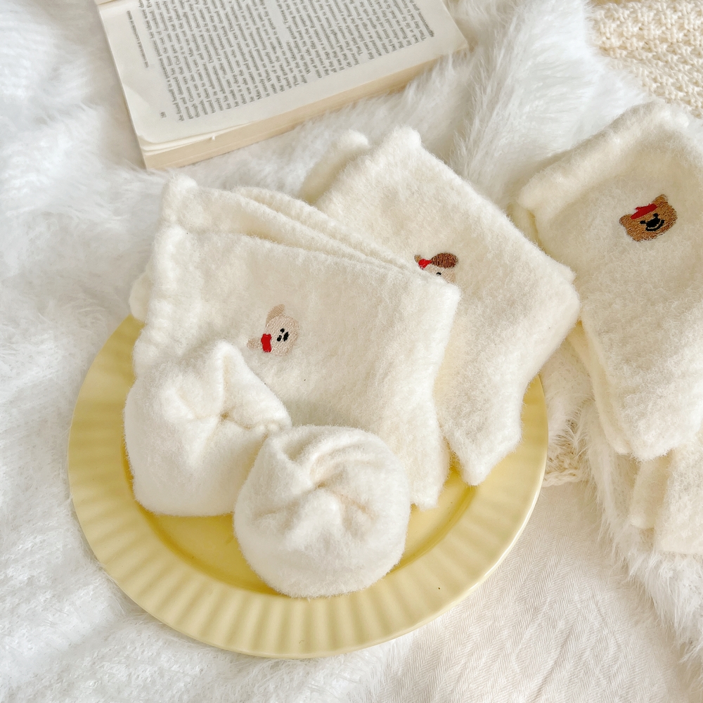 두꺼운 기모 여자 수면양말 화이트 5켤레 동물펀칭