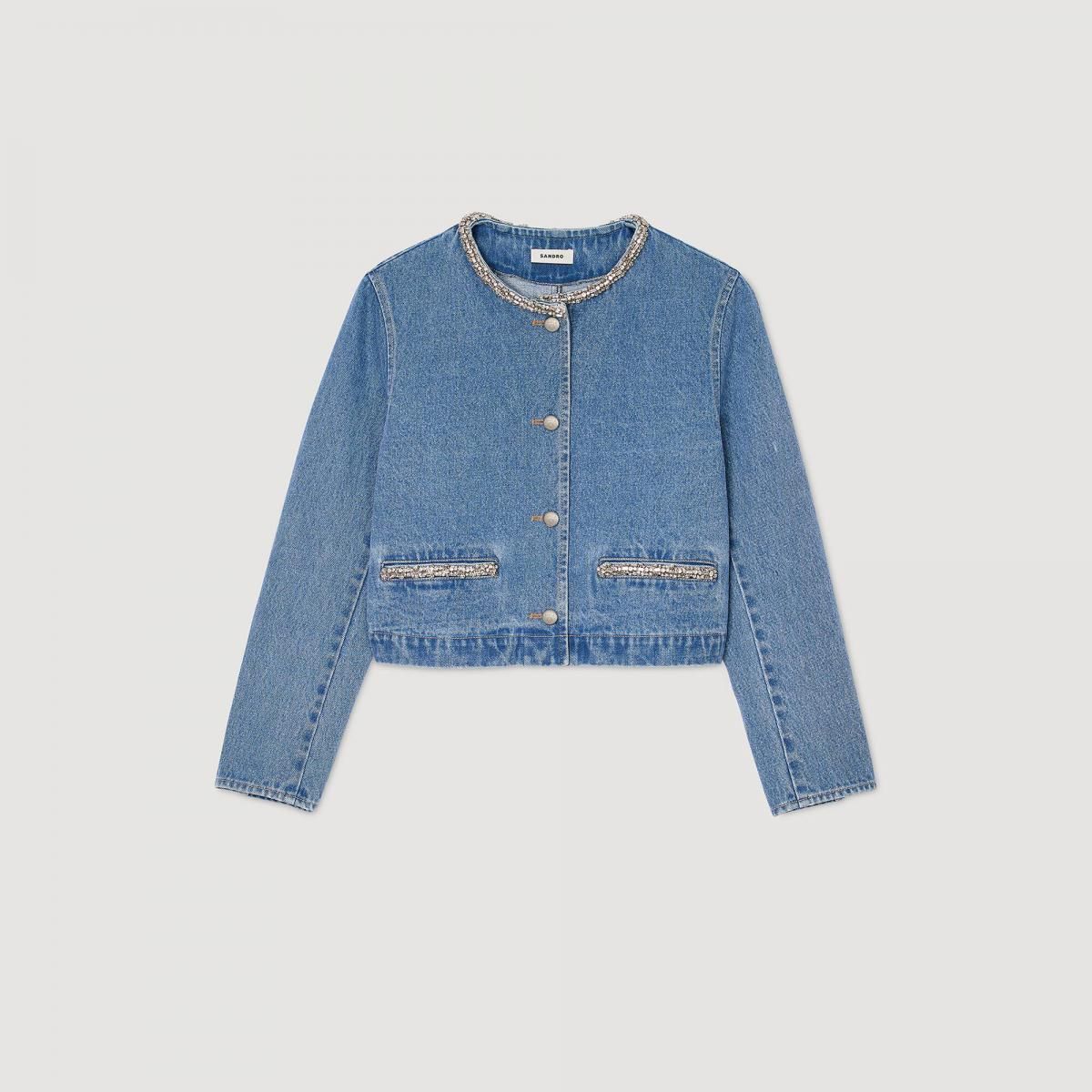 산드로 스트라스 데님 라운드넥 크롭 재킷 SFPBL01187_4785 JEANSBLAU - 상품 이미지