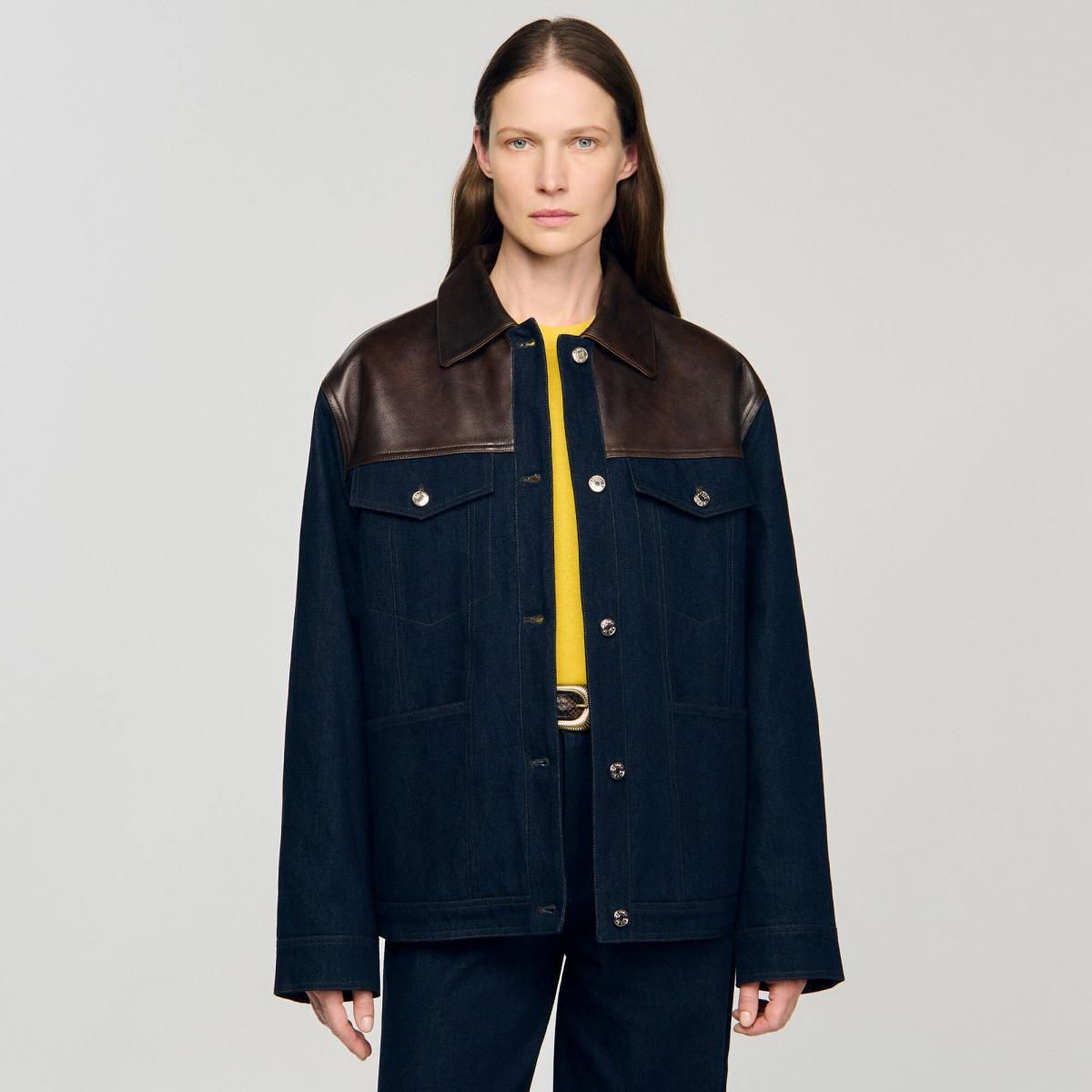 산드로 테크니컬 데님 레더 믹스 블루종 재킷 SFPBL01255_4785 JEANSBLAU - 상세 이미지 5