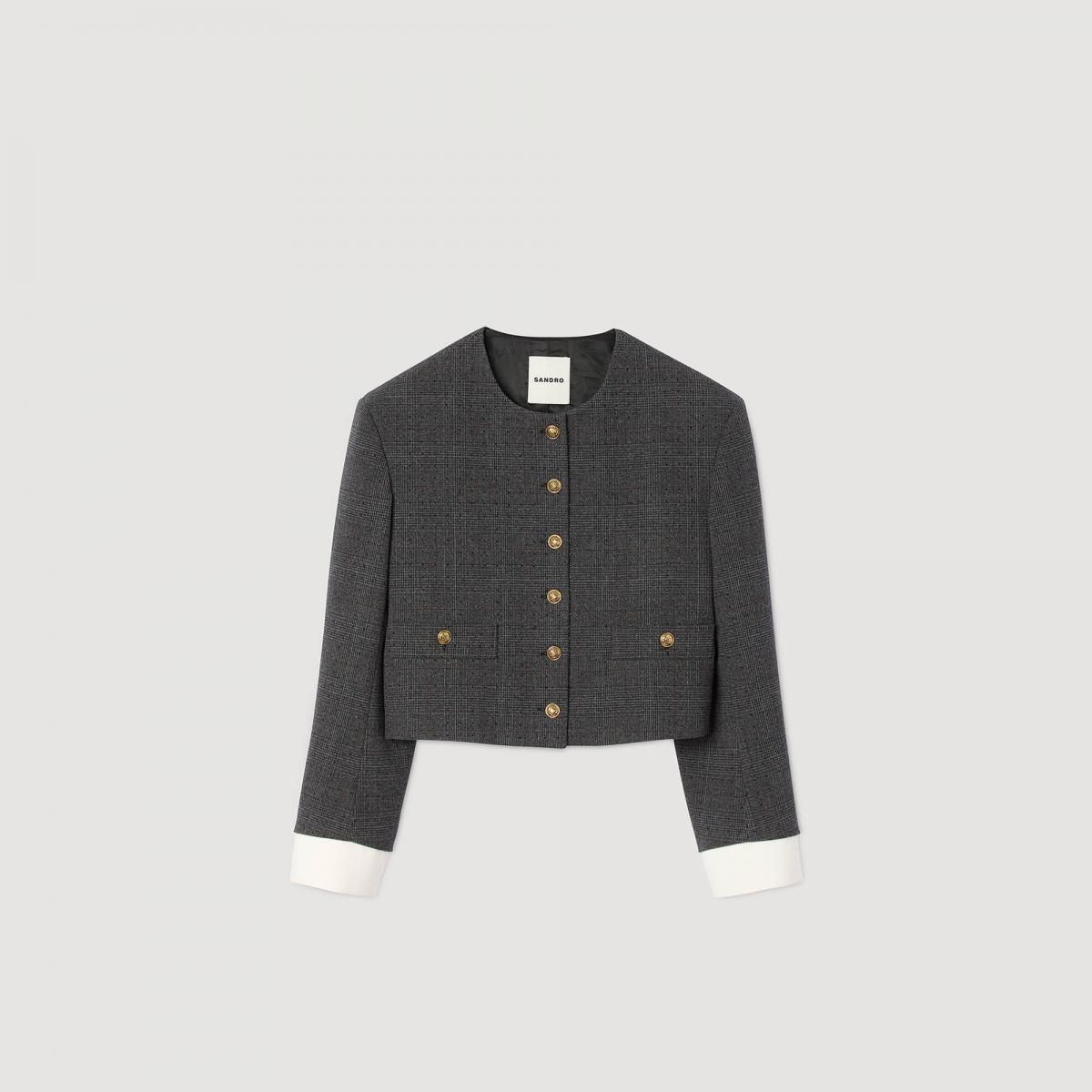 산드로 스트라스 장식 체크 라운드넥 트위드 크롭 테일러드 재킷 SFPVE01201_B315 GRIS / MARRON - 메인 이미지