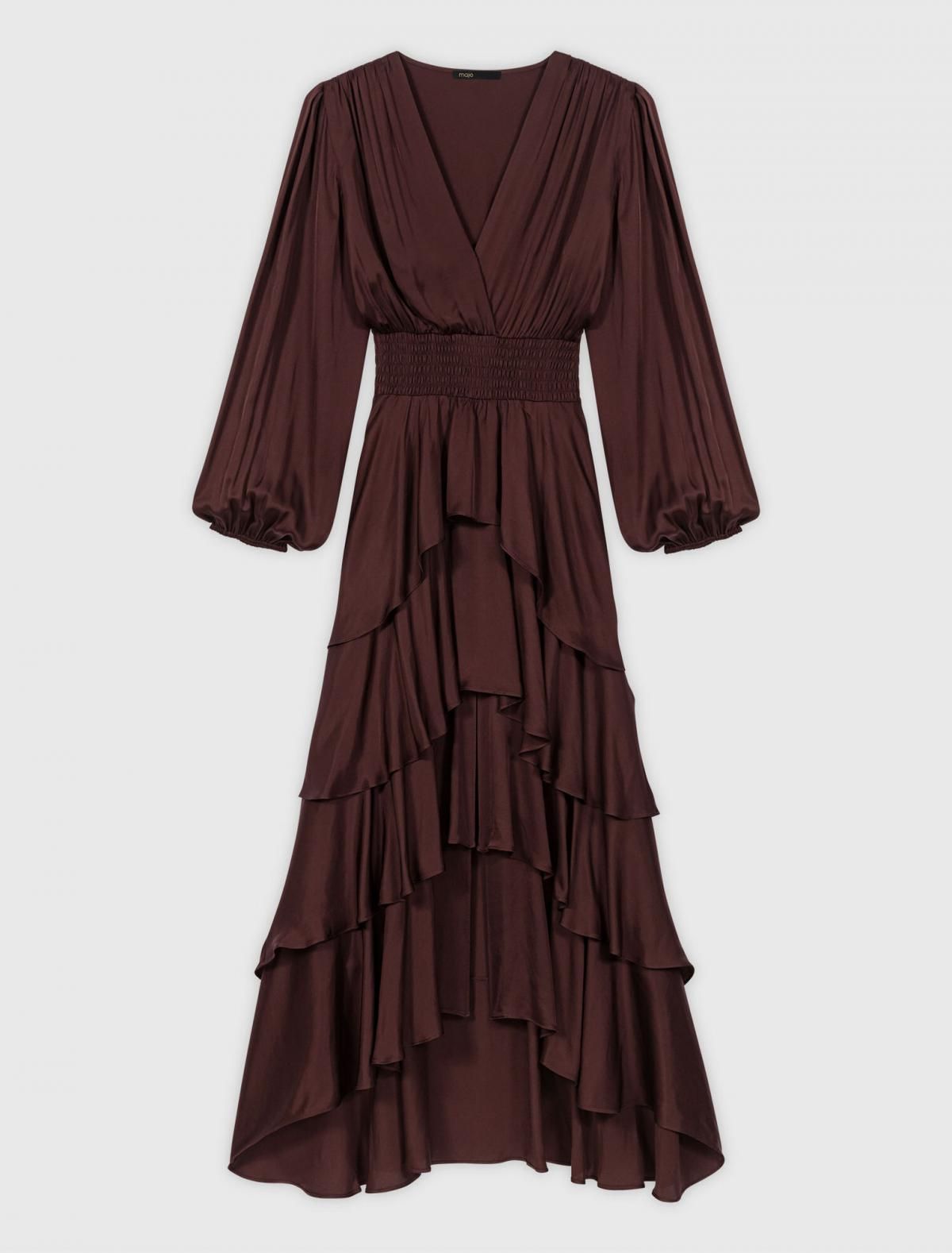 마쥬 테크니컬 새틴 롱 원피스 프릴 랩 브이넥 3661601977459 BRAUN - 상품 이미지