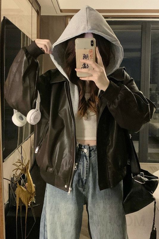 여성 페이크 후드 레이어드 오버핏 PU 가죽 자켓 점퍼 빅사이즈 루즈핏 데일리 캐주얼 간절기 봄 가을 아우터 이미지 6