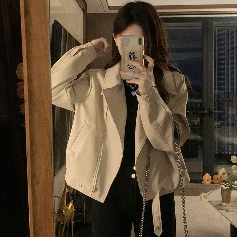 여성 빅사이즈 크롭 레더 가죽 라이더 자켓 점퍼 오버핏 루즈핏 빈티지 시크 캐주얼 카라 아우터 봄 가을 - 상세 이미지 4