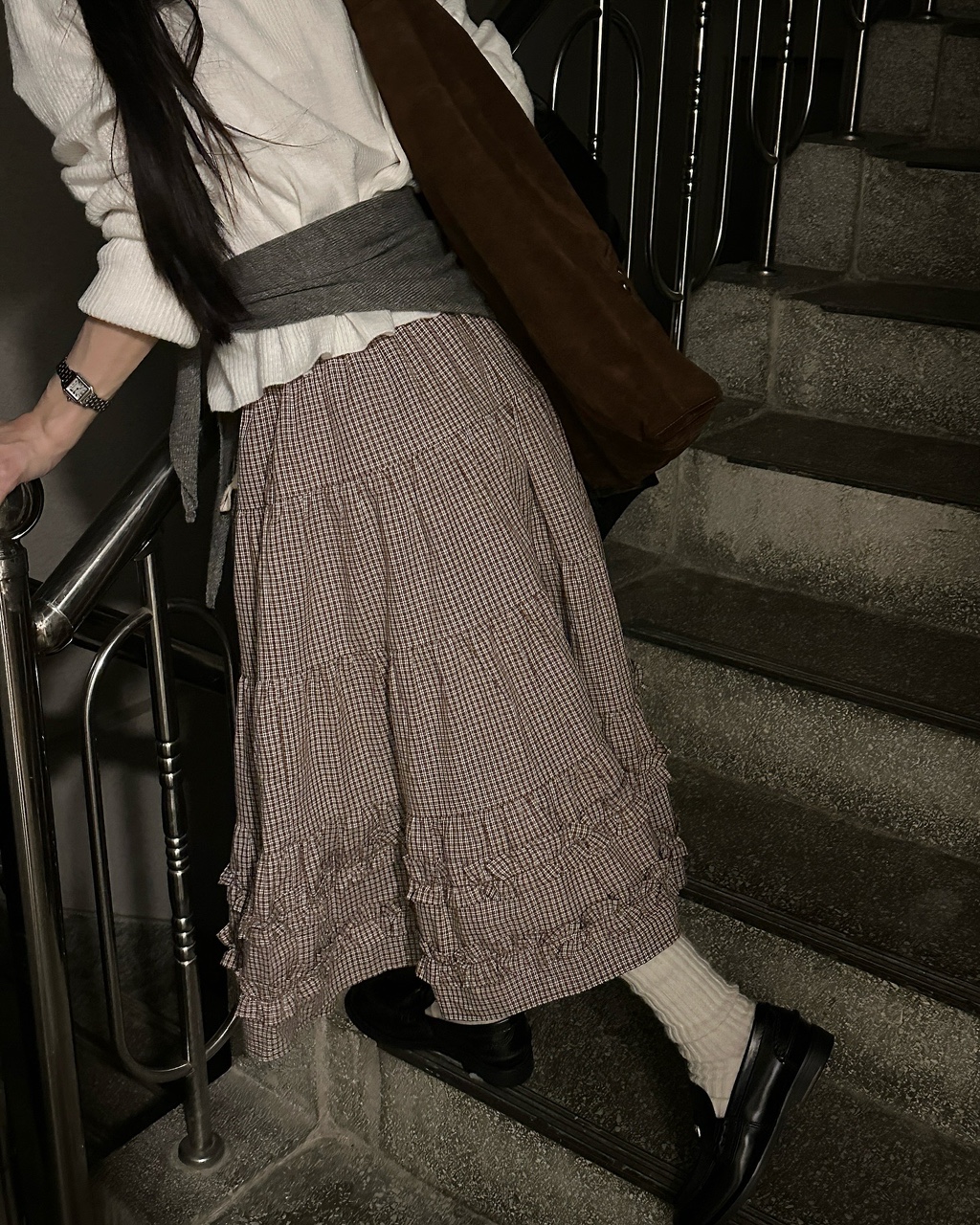 데니 여성 밴딩 프릴 롱 체크 캉캉 스커트