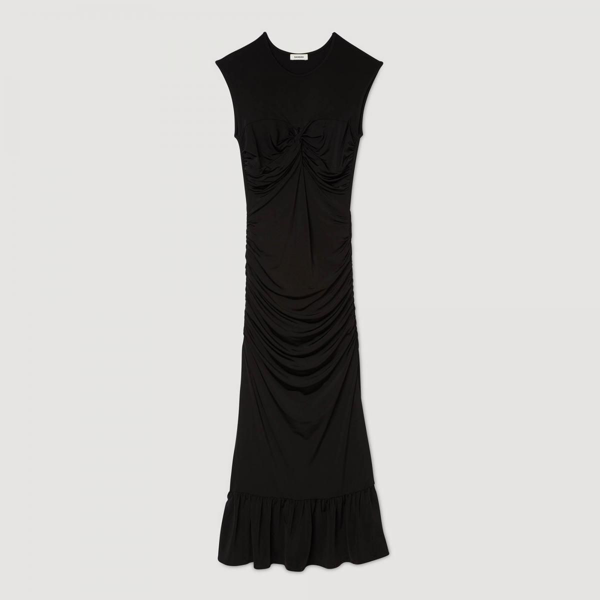 산드로 민소매 라운드넥 블랙 드레이프 롱 원피스 SFPRO04315_20 SCHWARZ - 상품 이미지