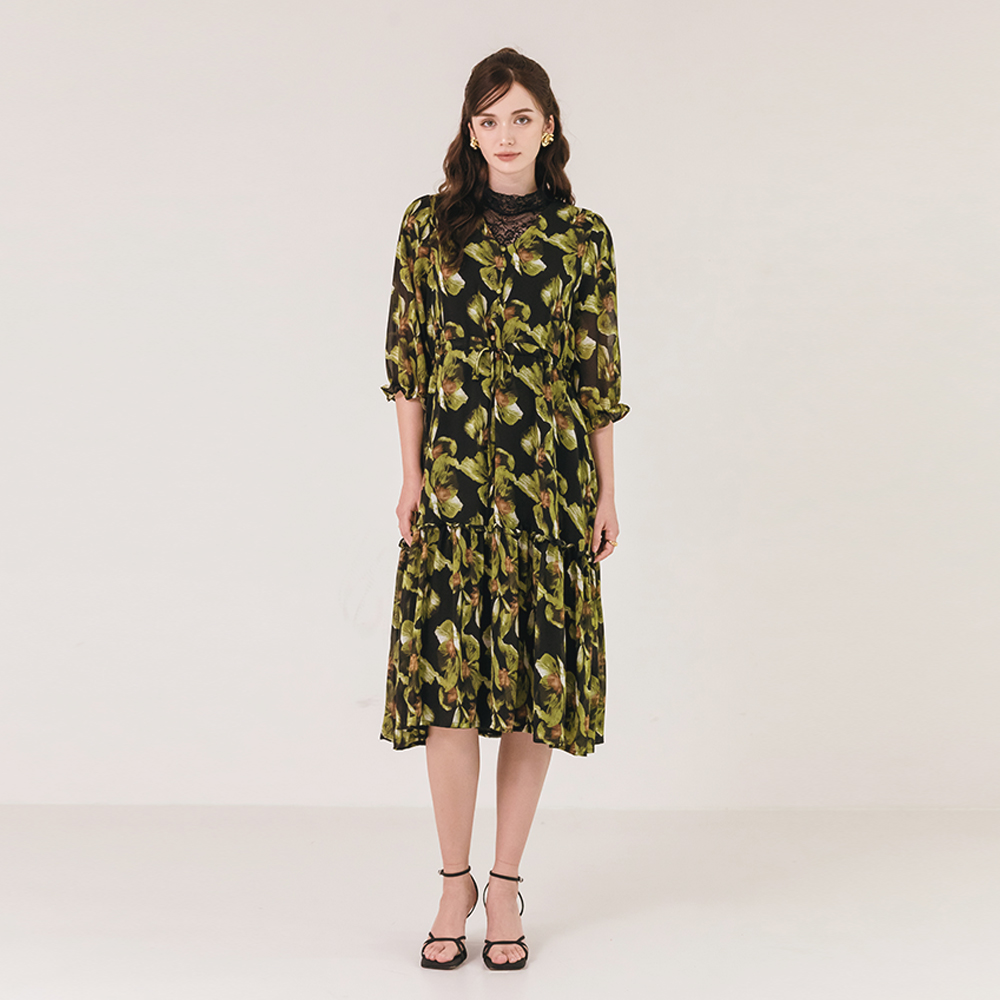 그린 리프 플로럴 브이넥 롱 원피스 - 상품 이미지