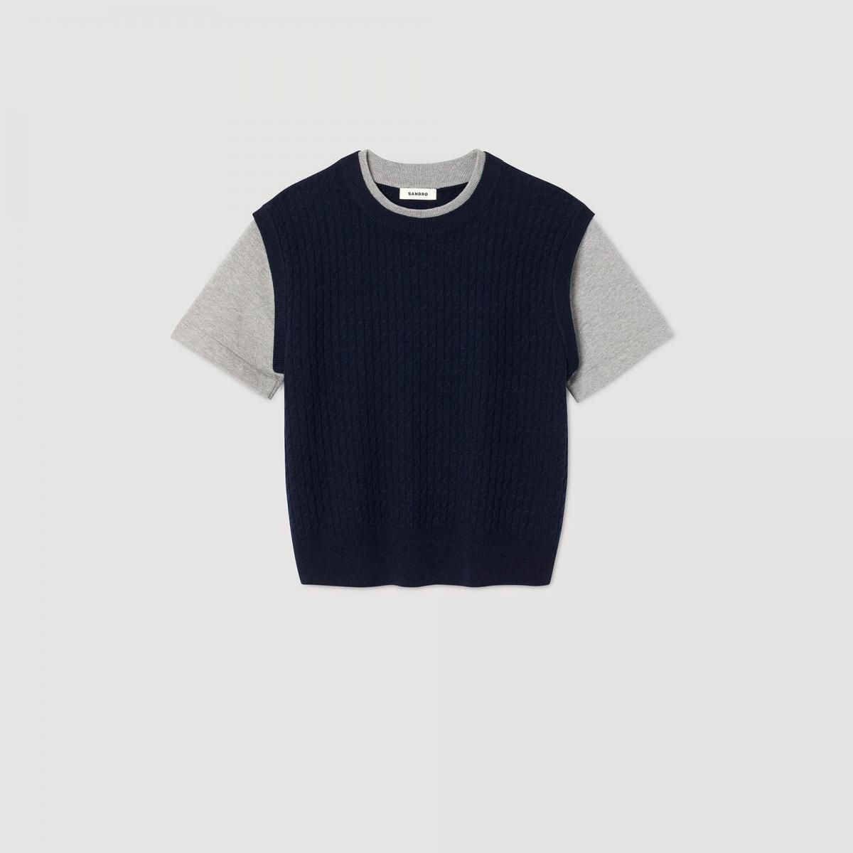 산드로 믹스울 캐시미어 라운드넥 반팔 니트 스웨터 SFPPU02402_D365 MARINE / GRIS - 상품 이미지