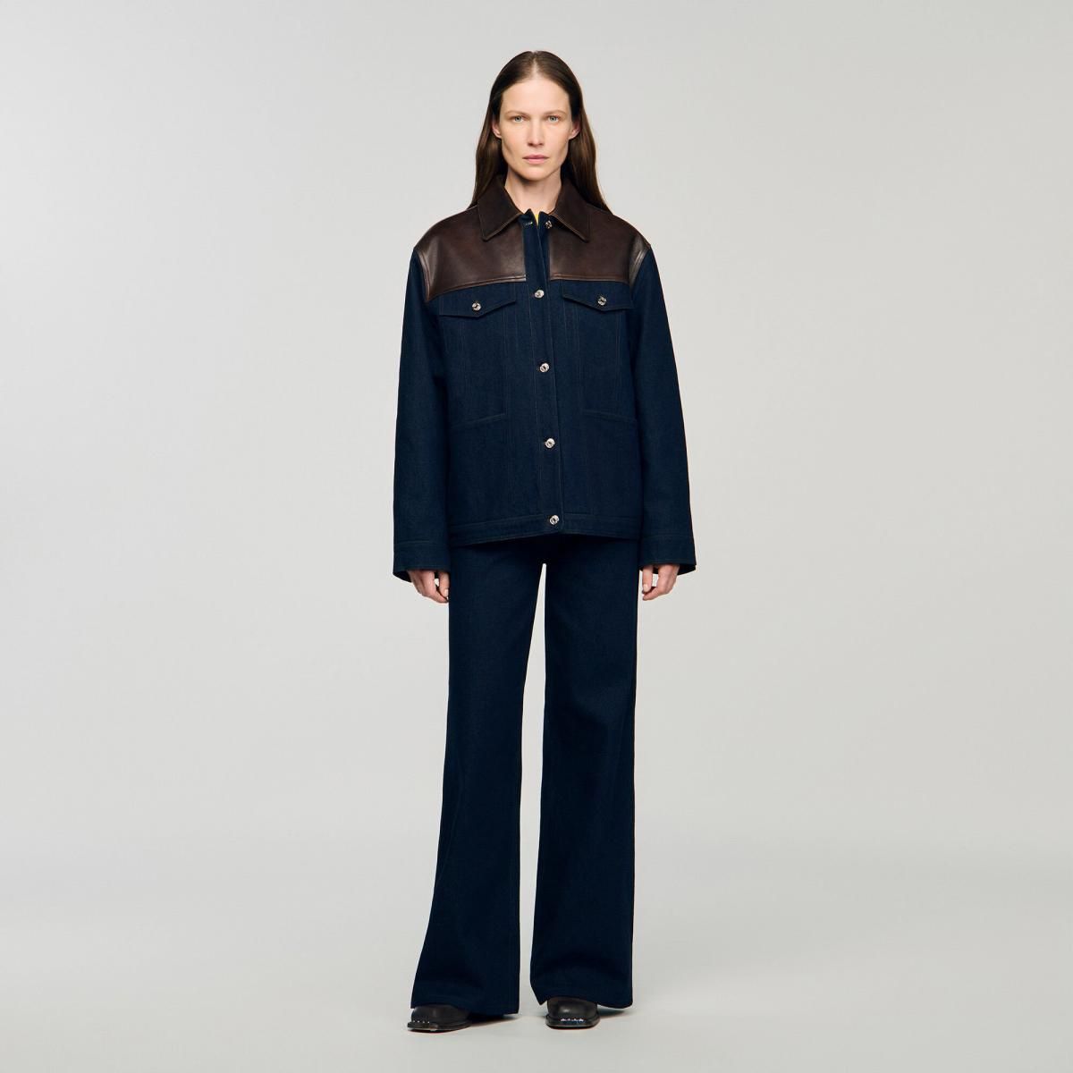 산드로 테크니컬 데님 레더 믹스 블루종 재킷 SFPBL01255_4785 JEANSBLAU - 상세 이미지 3