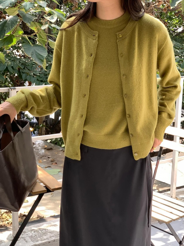 메리노 울 캐시미어 가디건 숏 라운드 오버핏 니트 여성 가디건 가을 올리브 레드 브라운 - 상세 이미지 2