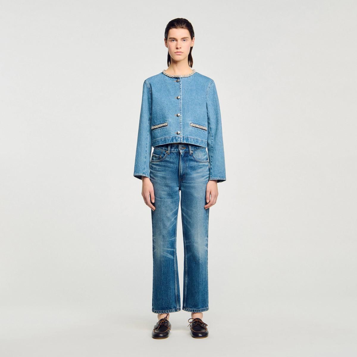 산드로 스트라스 데님 라운드넥 크롭 재킷 SFPBL01187_4785 JEANSBLAU - 상세 이미지 3