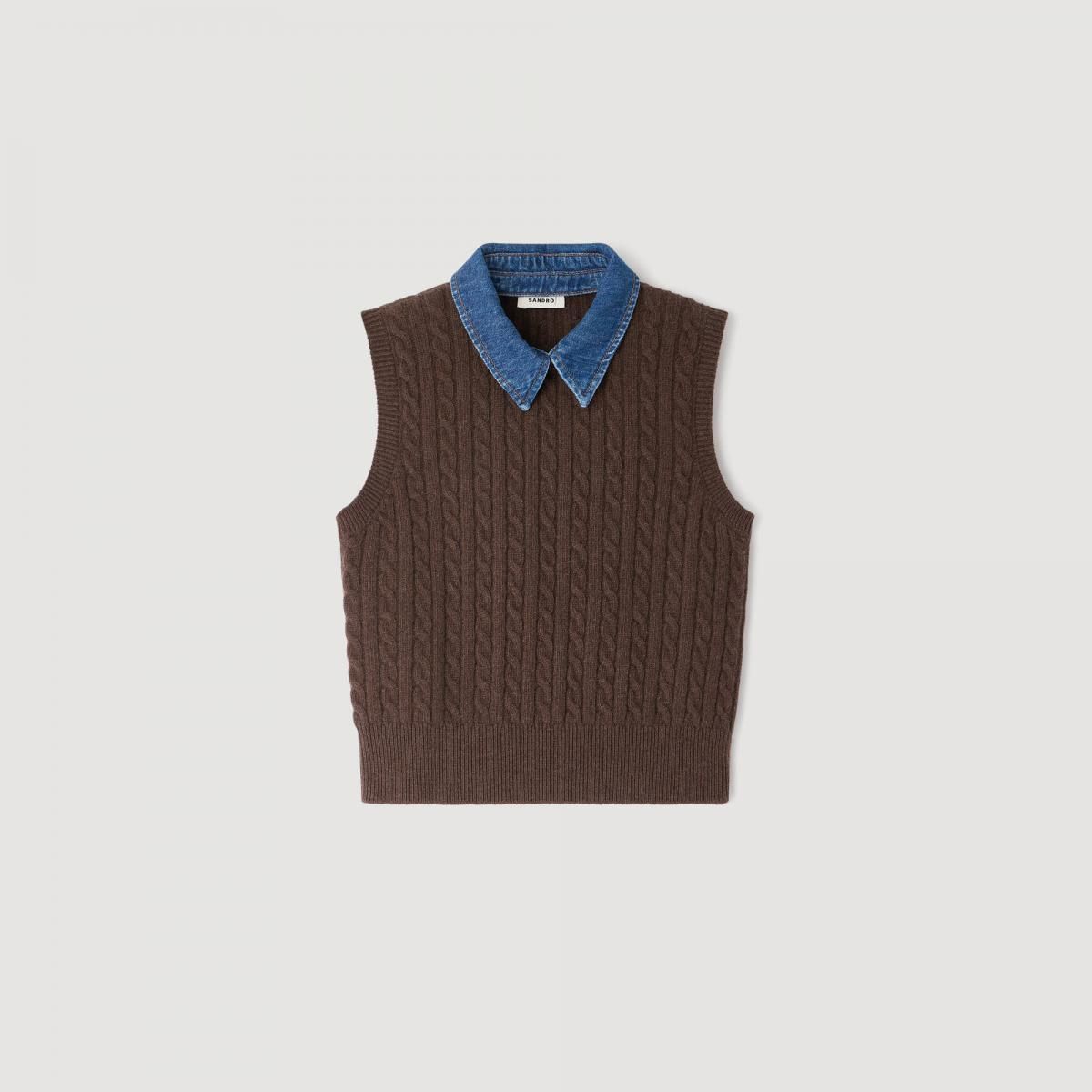 산드로 데님 카라 케이블 니트 베스트 크롭 민소매 브라운 SFPPU02628_G023 BRAUN - 상품 이미지