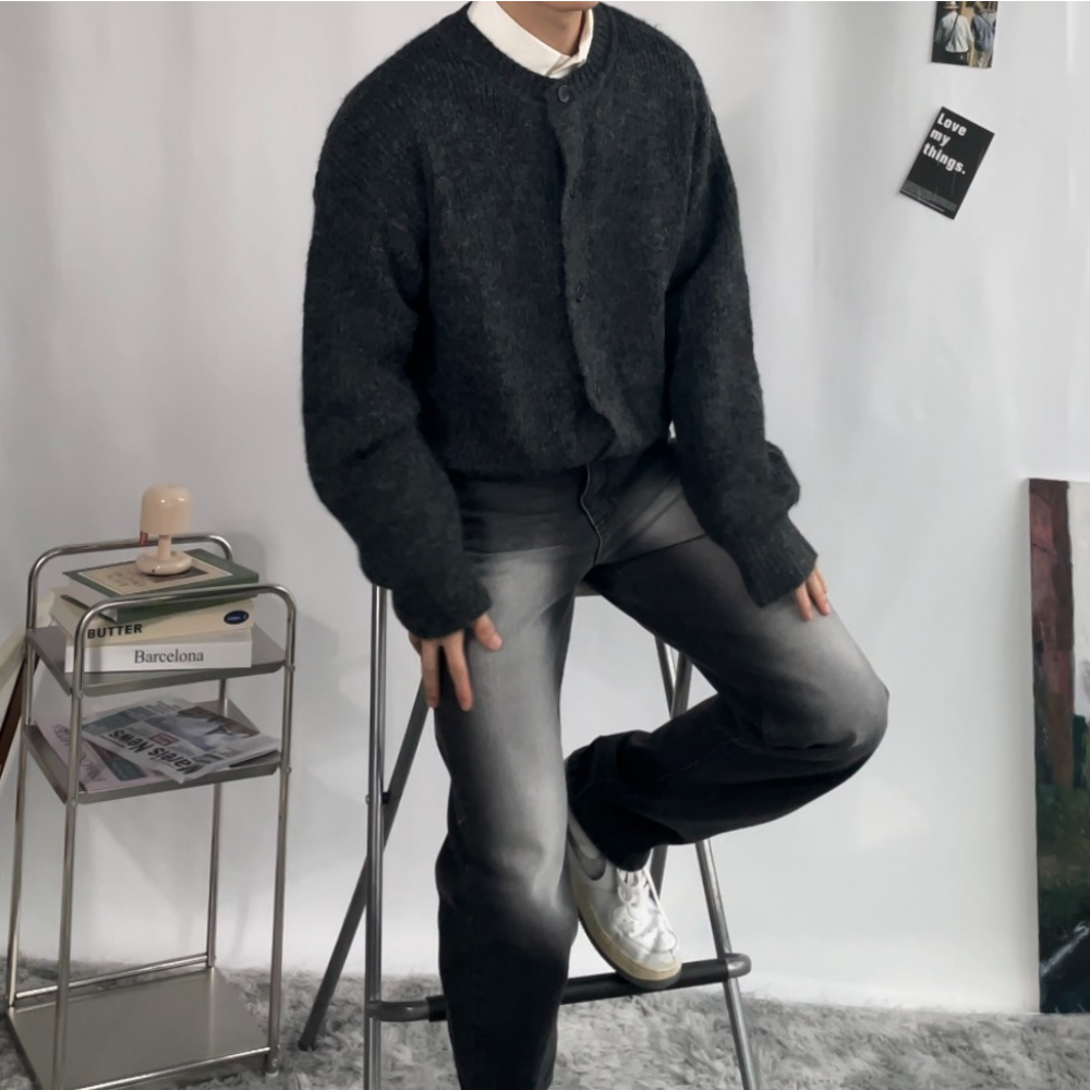 남자 가디건 울 라운드 오버핏 하찌 니트 커플가디건 봄 가을 겨울 - 상세 이미지 2