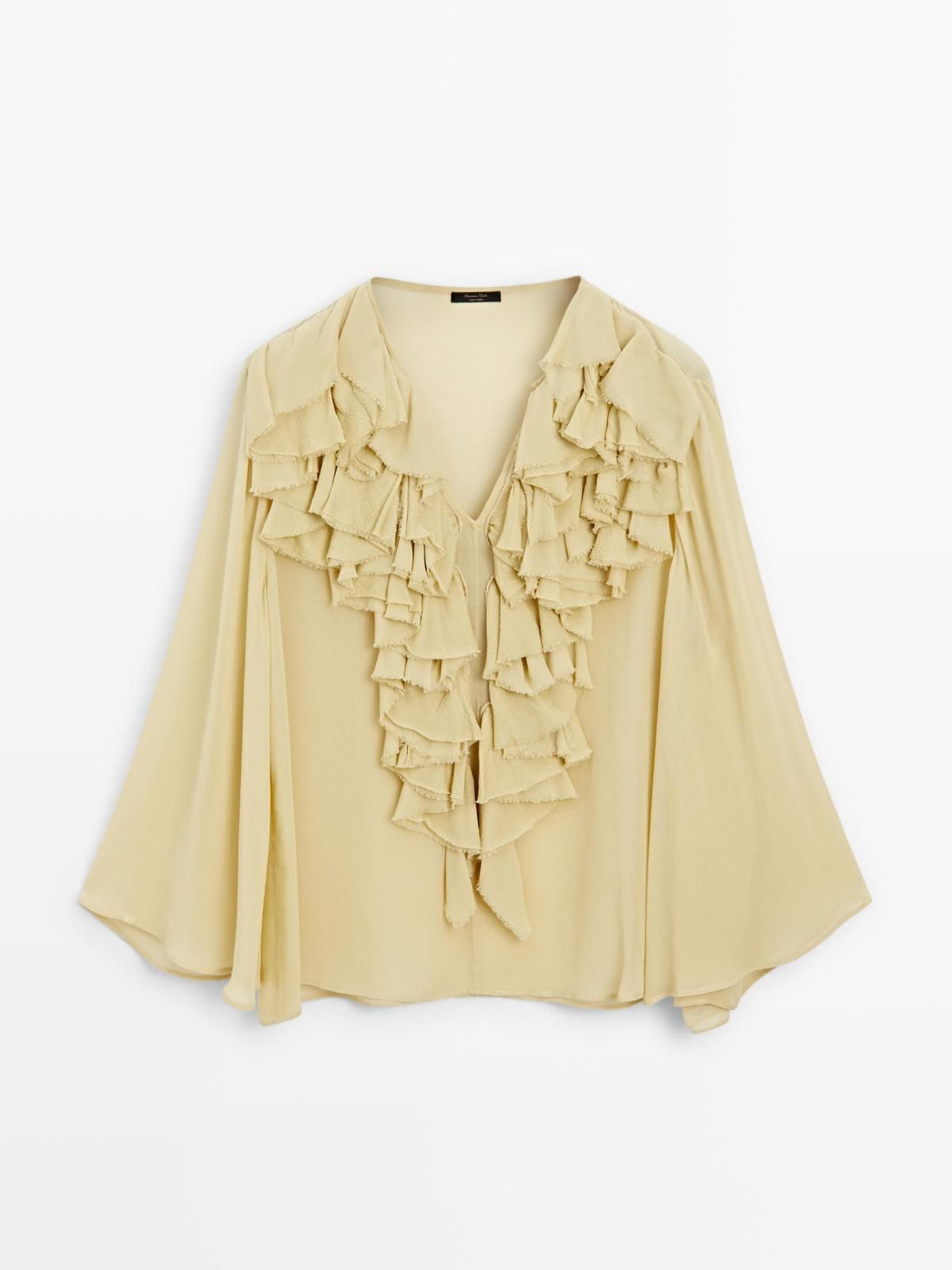 마시모두띠 러플 브이넥 플루이드 시스루 블라우스 9308/950 MUSTARD YELLOW - 메인 이미지