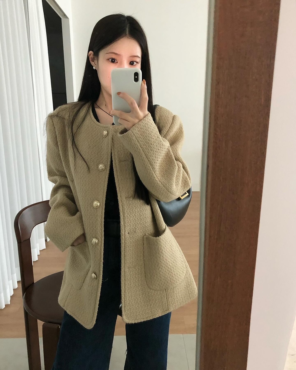 켑티 여성 울 라운드 포켓 오버핏 루즈핏 긴팔 트위드 자켓 - 상품 이미지